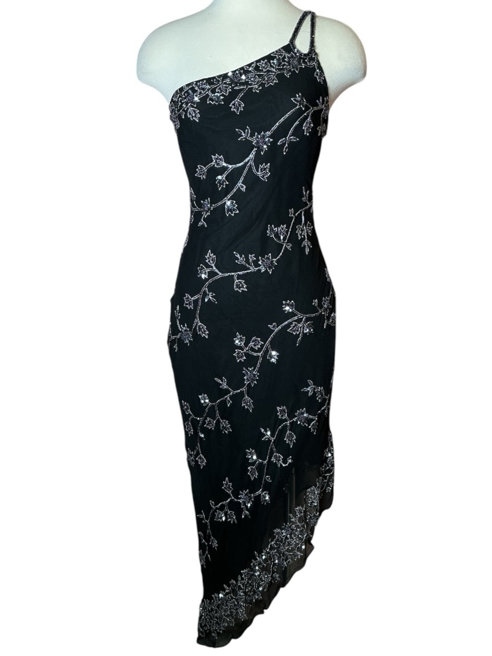 Vintage Y2K Scala Silk Sequin Beaded Asymmetrical Bias Cut Midi Dress Medium
